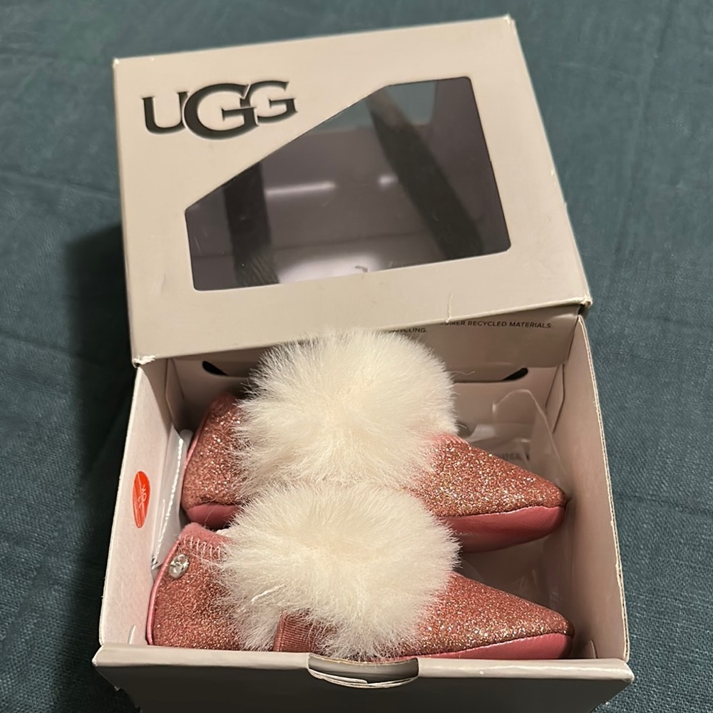 UGG Pink Glitter Baby Booties with White Fur